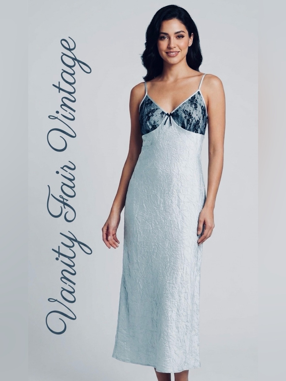 Vanity Fair Blue Crinkle Lace Slip Dress Nightgown Vintage Style Size L